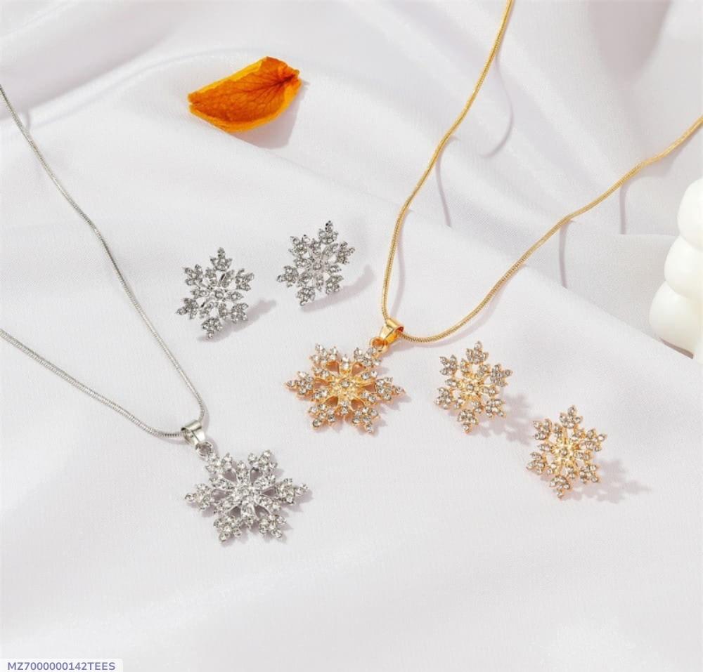 Gold Plated Snowflake Jewelry Set for Women – Elegant Pendant & Earrings Winter Design