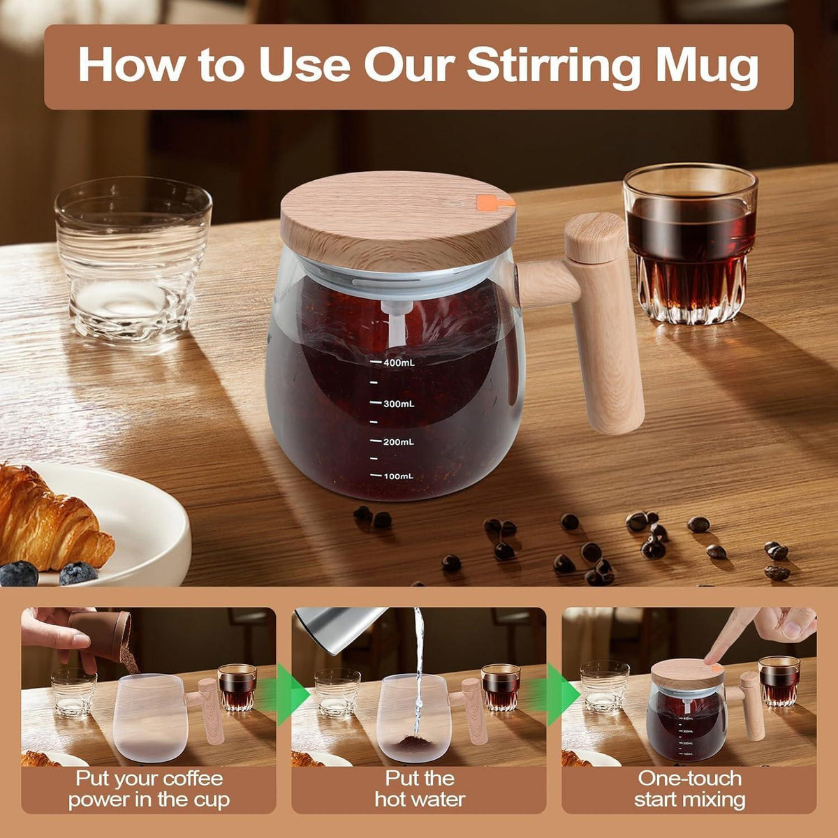Wooden Style Electric Mixing Coffee Beather Mug