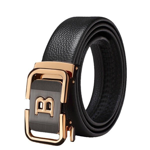 Men’s Black Leather Belt with Gold Automatic Buckle – Luxury Adjustable Formal & Casual Belt