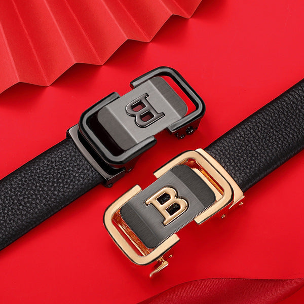 Men’s Black Leather Belt with Gold Automatic Buckle – Luxury Adjustable Formal & Casual Belt