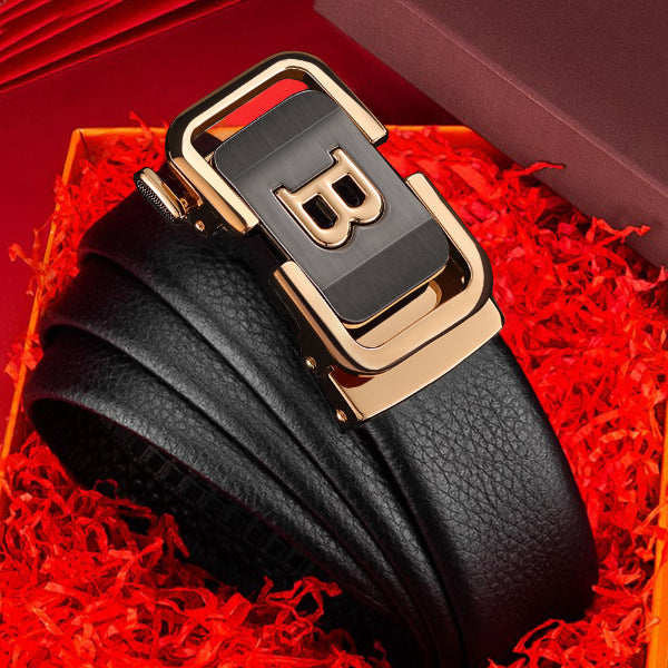 Men’s Black Leather Belt with Gold Automatic Buckle – Luxury Adjustable Formal & Casual Belt